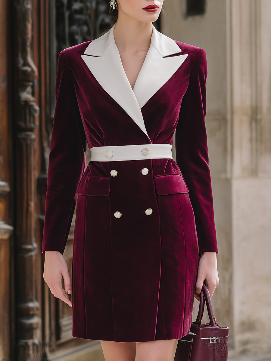 Olivia Bennet | Burgundy Contrast-Lapel Double-Breasted Velvet Blazer Dress