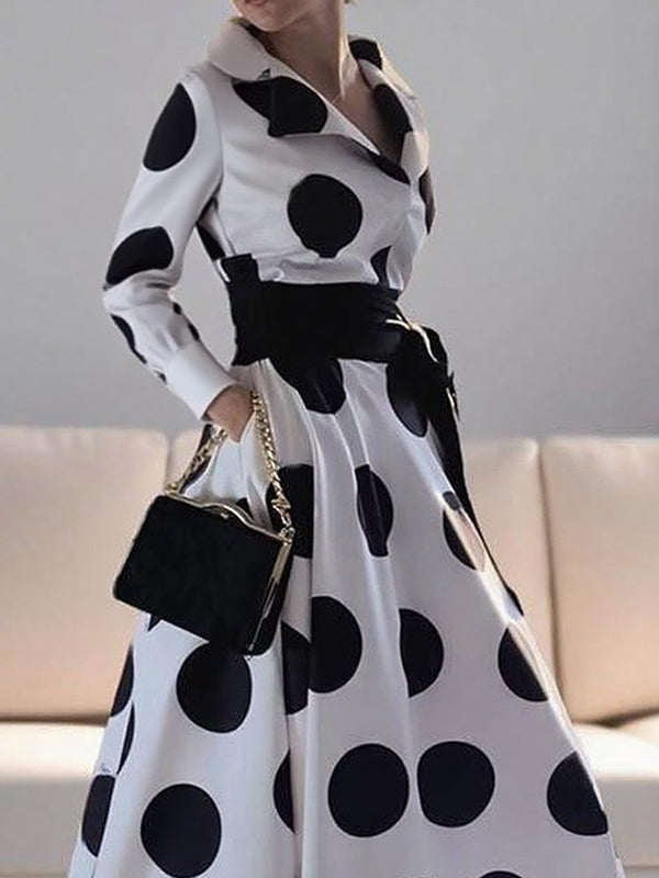Olivia Bennet | A-Line Long Sleeves Pockets Polka-Dot Tied Waist Notched Collar Maxi Dresses