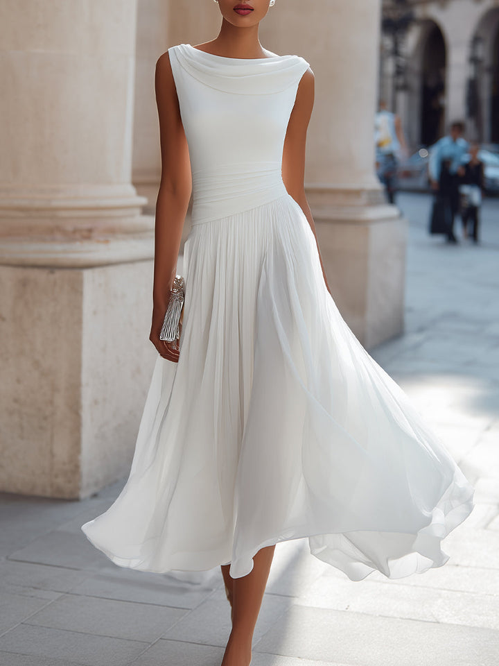 Olivia Bennet | Draped Neck Sleeveless Pleated Midi Dress