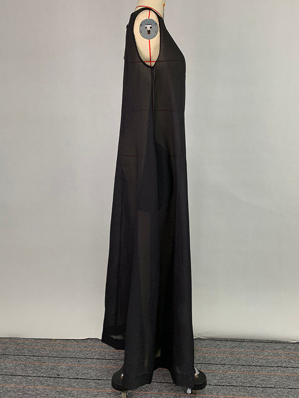Olivia Bennet | A-Line Loose Pockets See-Through Solid Color Round-Neck Cover-Up Midi Dresses