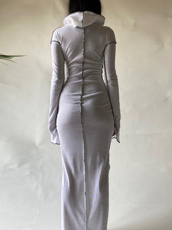 Olivia Bennet | Long Sleeves Plus Size Solid Color Split-Joint Hooded Maxi Dresses