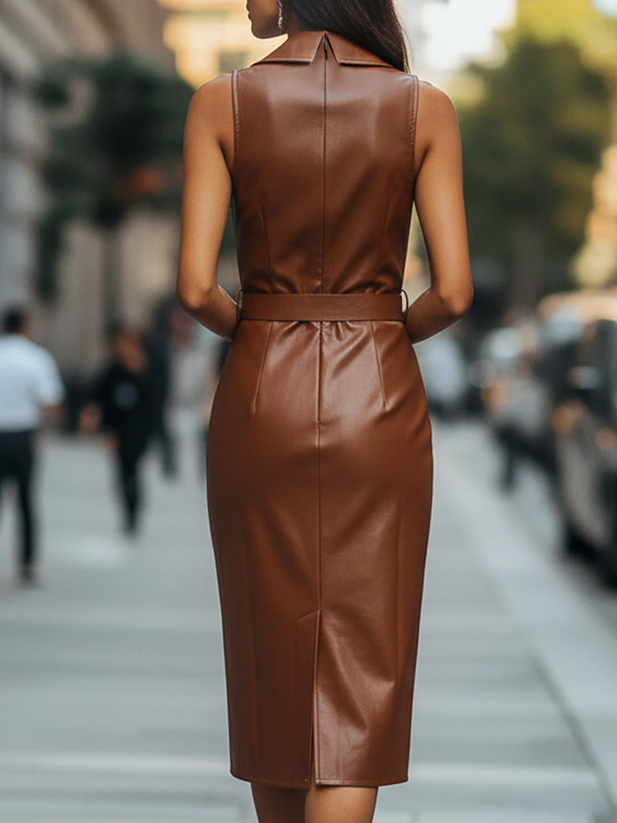 Olivia Bennet | Caramel Sleeveless Belted Faux Leather Midi Dress
