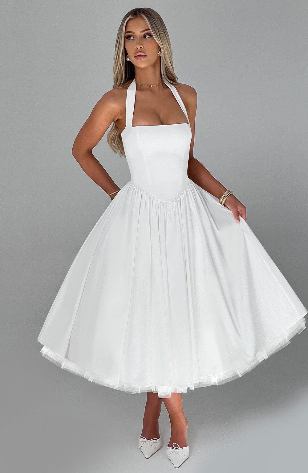 Women Wedding Guest Halter Midi Dress