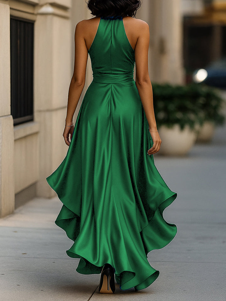 Olivia Bennet | Midnight Elegance Satin Halter Ruffle Gown