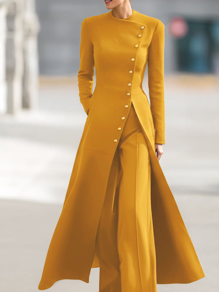 Olivia Bennet | High Waisted Long Sleeves Buttoned Solid Color Split-Front Round-Neck Midi Dresses