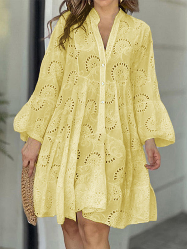 Olivia Bennet | A-Line Flared Sleeves Buttoned Hollow Solid Color Split-Joint V-Neck Mini Dresses
