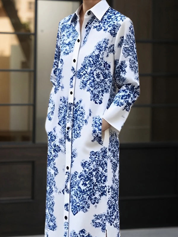 Olivia Bennet | Long Sleeves Buttoned Printed Split-side Lapel Maxi Dresses Shirt Dress
