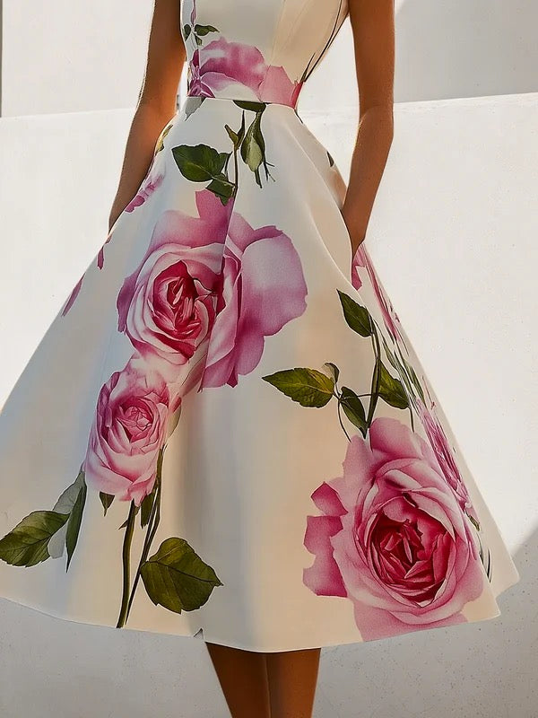 Olivia Bennet | Short Sleeves Skinny Flower Print Stand Collar Midi Dresses