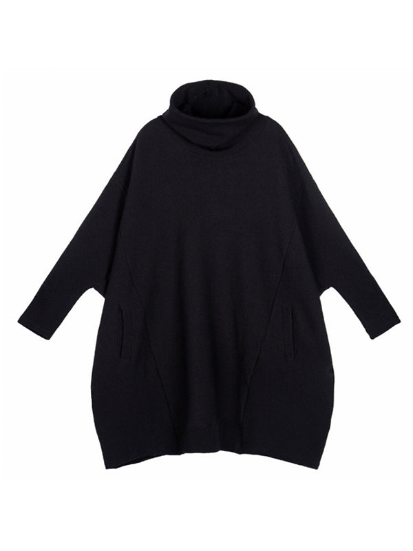 Olivia Bennet | Super Loose Black High-Neck Knitting Batwing Sleeves Sweater Dress