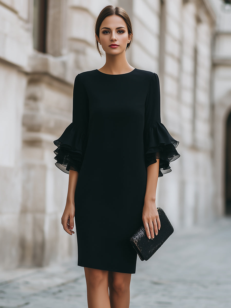 Olivia Bennet | Black Dress With Ruffled Sheer Sleeves