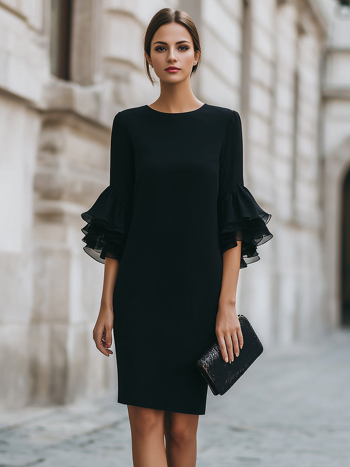 Olivia Bennet | Black Dress With Ruffled Sheer Sleeves