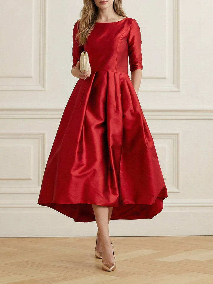 Olivia Bennet | A-Line Loose Pleated Pockets Solid Color Split-Joint Round-Neck Midi Dresses