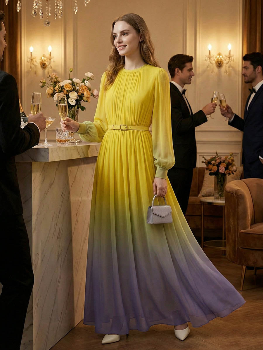Olivia Bennet | High Waisted Long Sleeves Belted Contrast Color Gradient Pleated Split-Joint Round-Neck Maxi Dresses