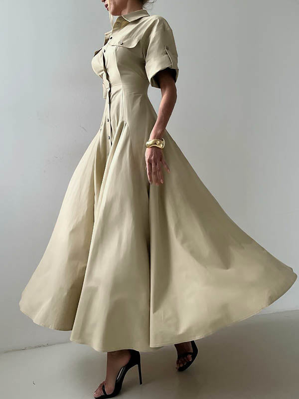 Olivia Bennet | Short Sleeves Buttoned Solid Color Lapel Maxi Dresses Shirt Dress
