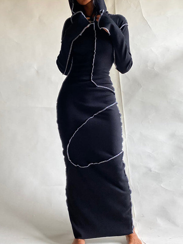 Olivia Bennet | Long Sleeves Plus Size Solid Color Split-Joint Hooded Maxi Dresses