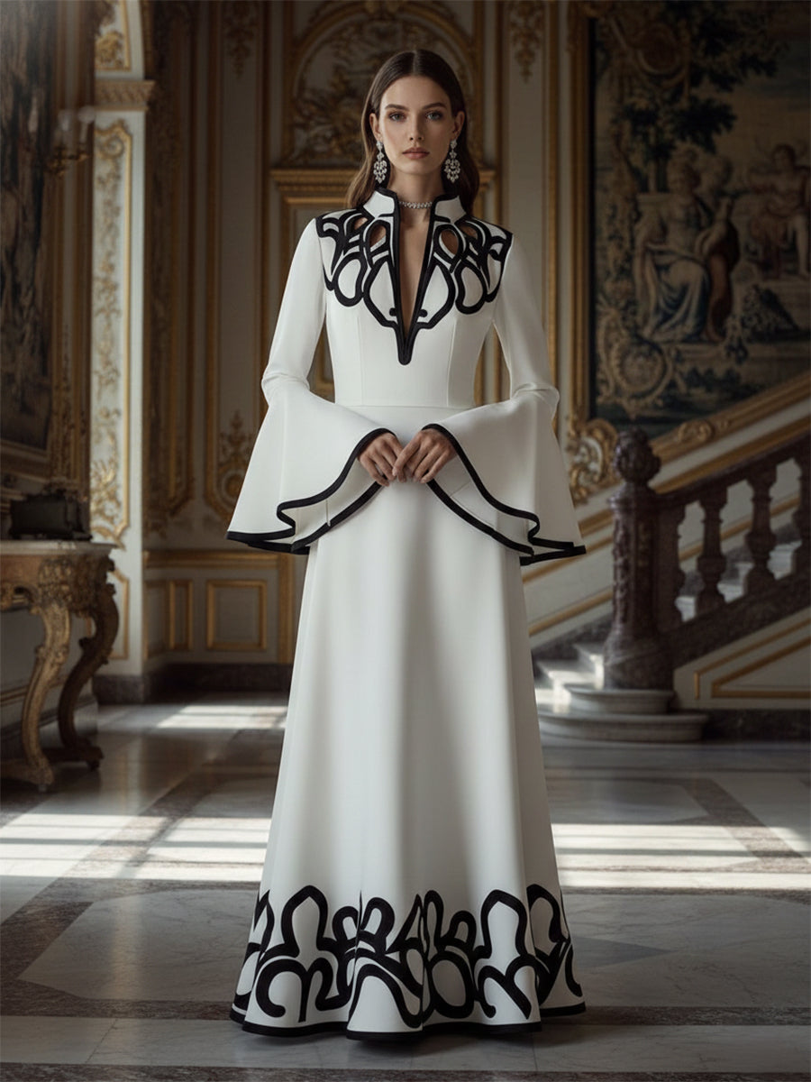 Olivia Bennet | A-Line Flared Sleeves Abstract Printed Contrast Color Hollow Line Split-Joint Stand Collar Maxi Dresses