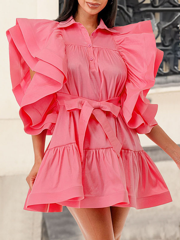 Olivia Bennet | A-Line High Waisted Buttoned Pleated Ruffled Solid Color Tied Waist Lapel Mini Dresses