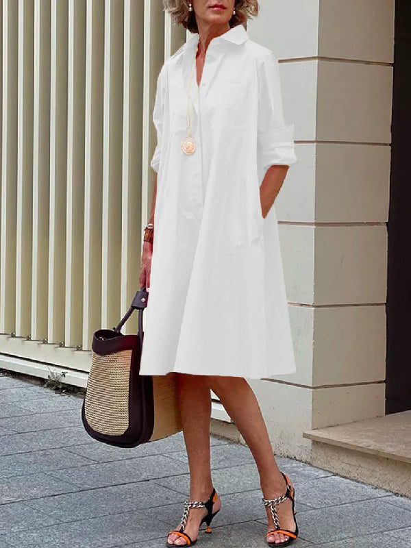 Olivia Bennet | Simple Long Sleeves Solid Color Lapel Midi Dress