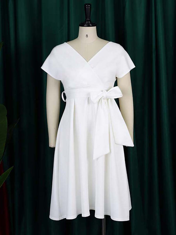 Olivia Bennet | Bowknot Lace-Up Solid Color V-Neck Midi Dresses