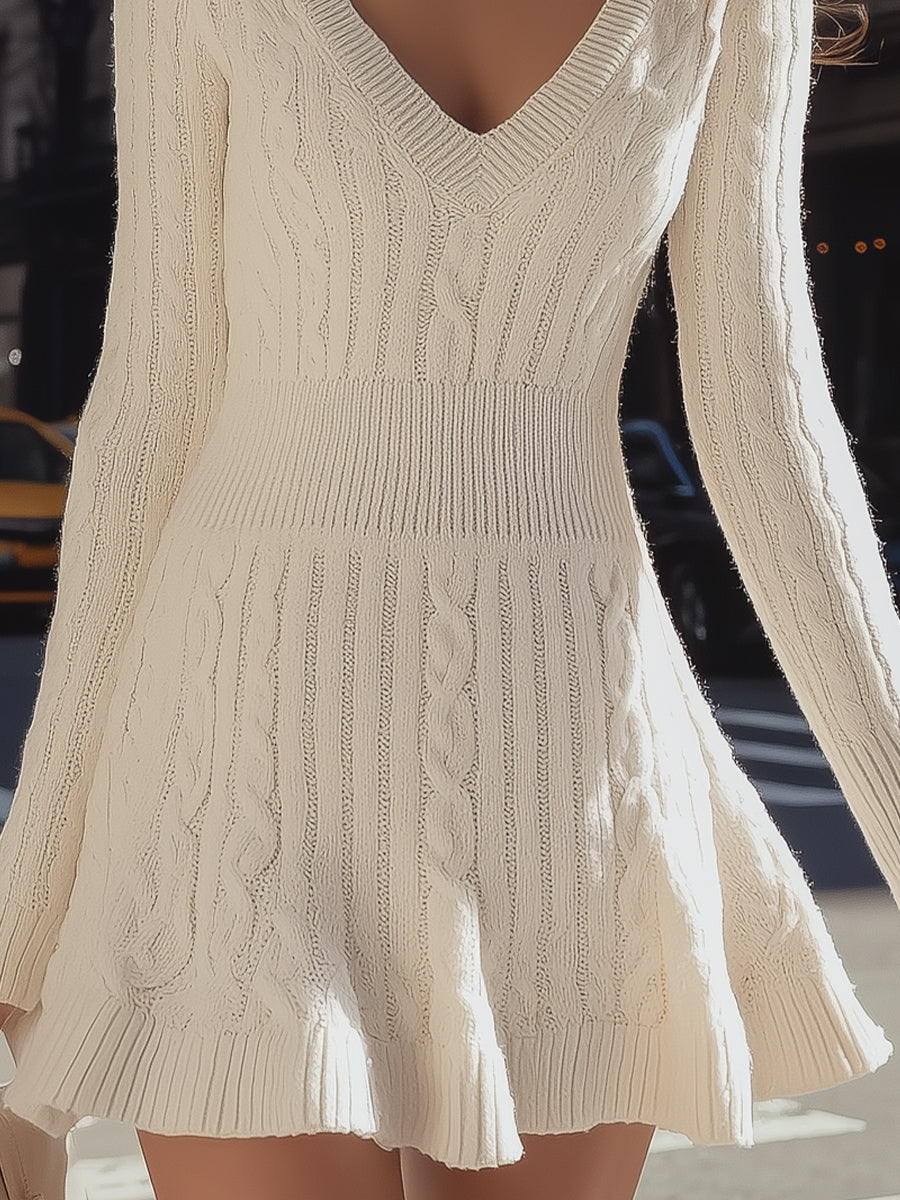 Olivia Bennet | V-Neck Flare Hem Cable Knit Sweater Dress