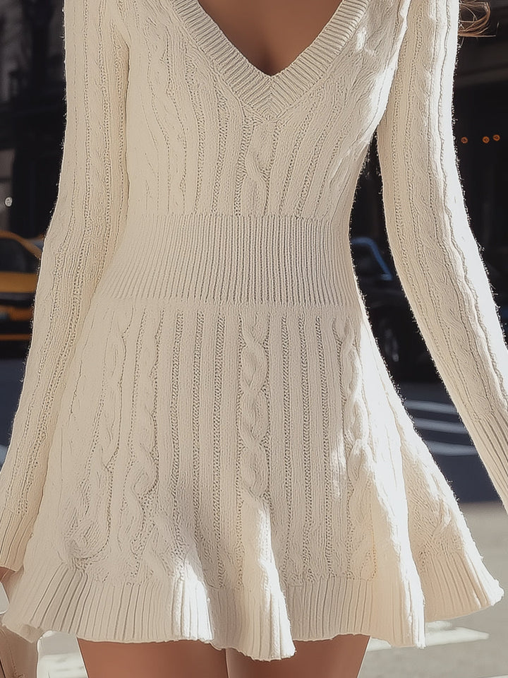 Olivia Bennet | V-Neck Flare Hem Cable Knit Sweater Dress
