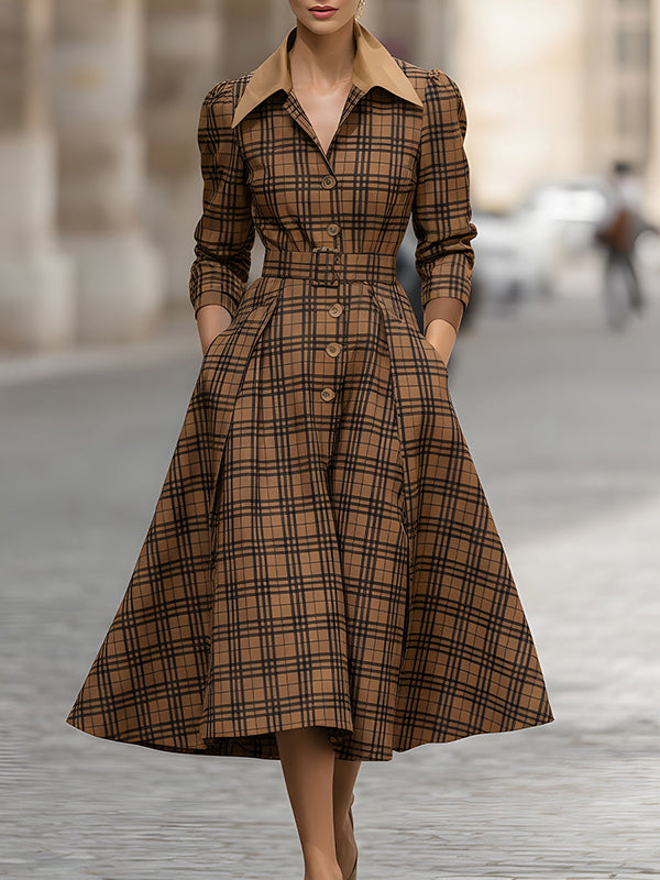 Olivia Bennet | High Waisted Three-Quarter Sleeves Belted Buttoned Plaid Pleated Pockets Lapel Midi Dresses