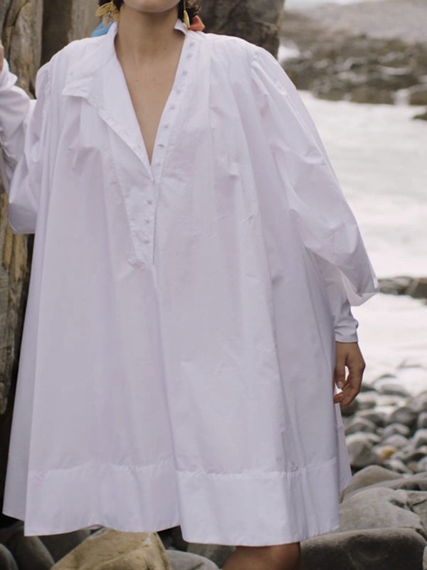 Olivia Bennet | Long Sleeves Loose Buttoned Solid Color Stand Collar Mini Dresses Shirt Dress