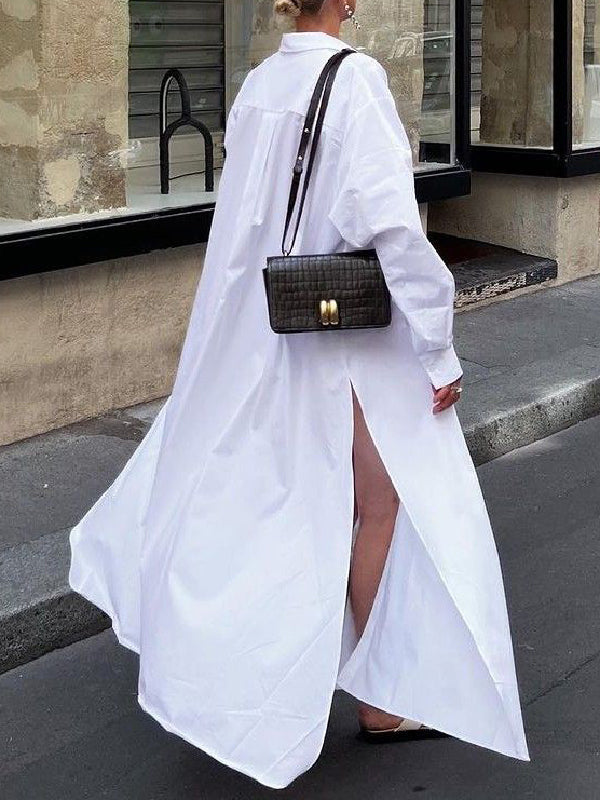 Olivia Bennet | Long Sleeves Loose Buttoned Solid Color Split-Side Lapel Maxi Shirt Dress