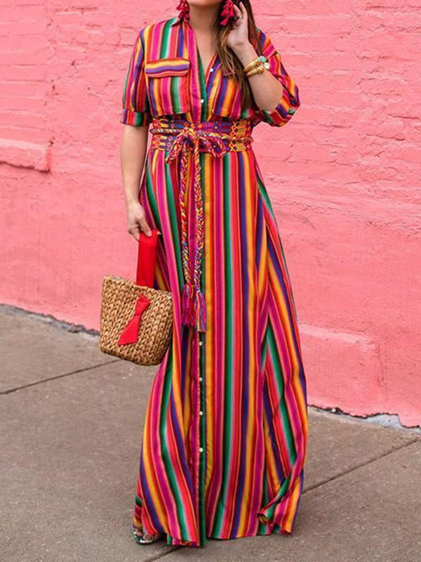 Olivia Bennet | Long Sleeves Loose Split-Joint Striped Lapel Maxi Dresses Shirt Dress