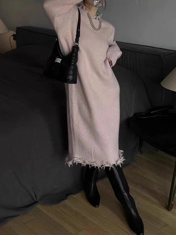 Olivia Bennet | High Waisted Long Sleeves Fringed Solid Color Round-Neck Midi Dresses Sweater Dresses