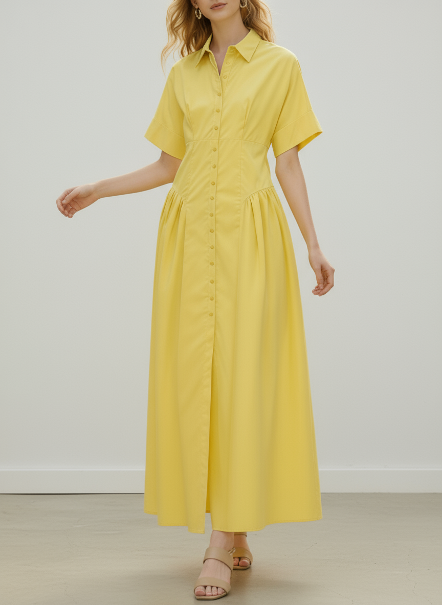 Olivia Bennet | Loose Short Sleeves Buttoned Pleated Solid Color Lapel Collar Midi Dresses Shirt Dress