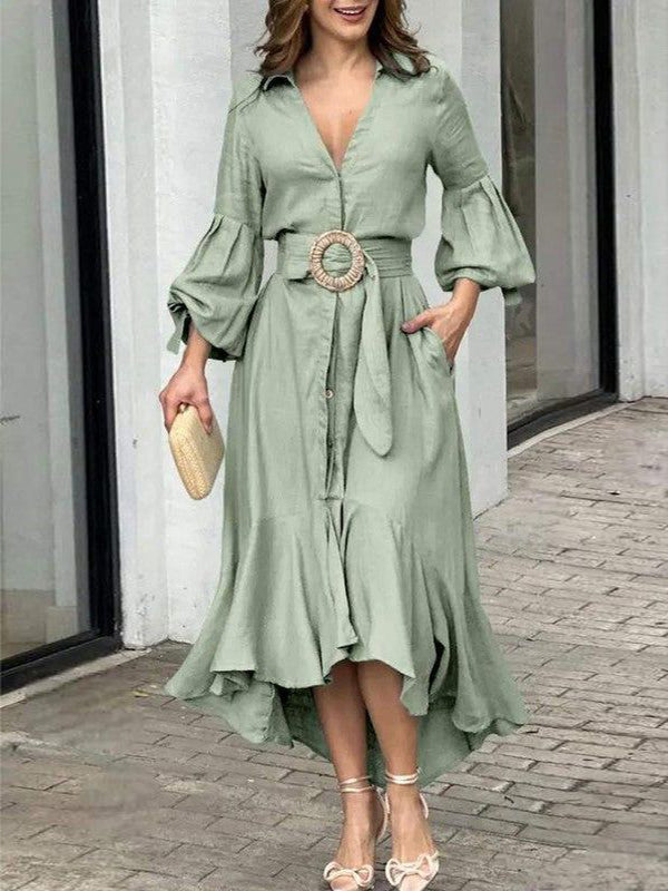 Olivia Bennet | High-Low Puff Sleeves Pleated Solid Color Lapel Collar Maxi Dresses