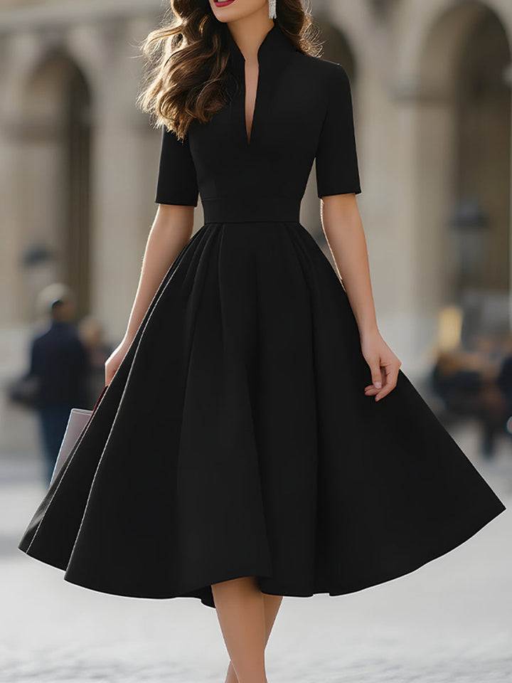 Olivia Bennet | Elegant V-Neck Tailored A-Line Midi Dress