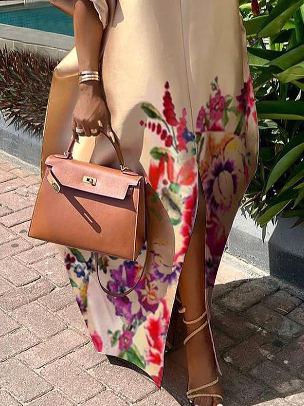 Olivia Bennet | A-Line Half Sleeves Elasticity Flower Print Split-Front V-Neck Maxi Dresses