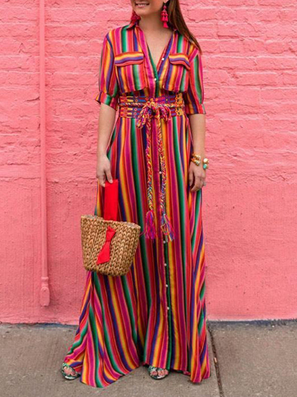 Olivia Bennet | Long Sleeves Loose Split-Joint Striped Lapel Maxi Dresses Shirt Dress