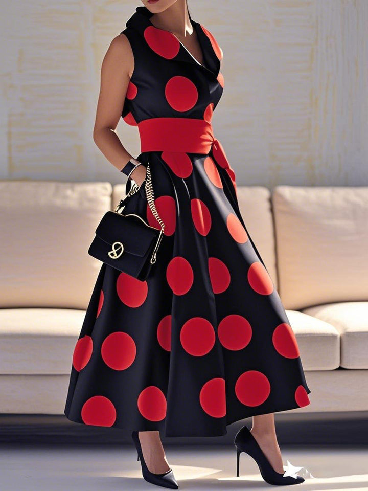 Olivia Bennet | A-Line Loose Pockets Polka-Dot Split-Joint Tied Waist Lapel Maxi Dresses Shirt Dress