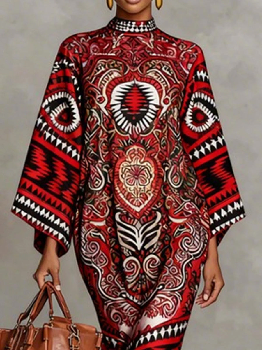 Olivia Bennet | Flared Sleeves Long Sleeves Contrast Color Flower Print Geometric Split-Joint Round-Neck Midi Dresses