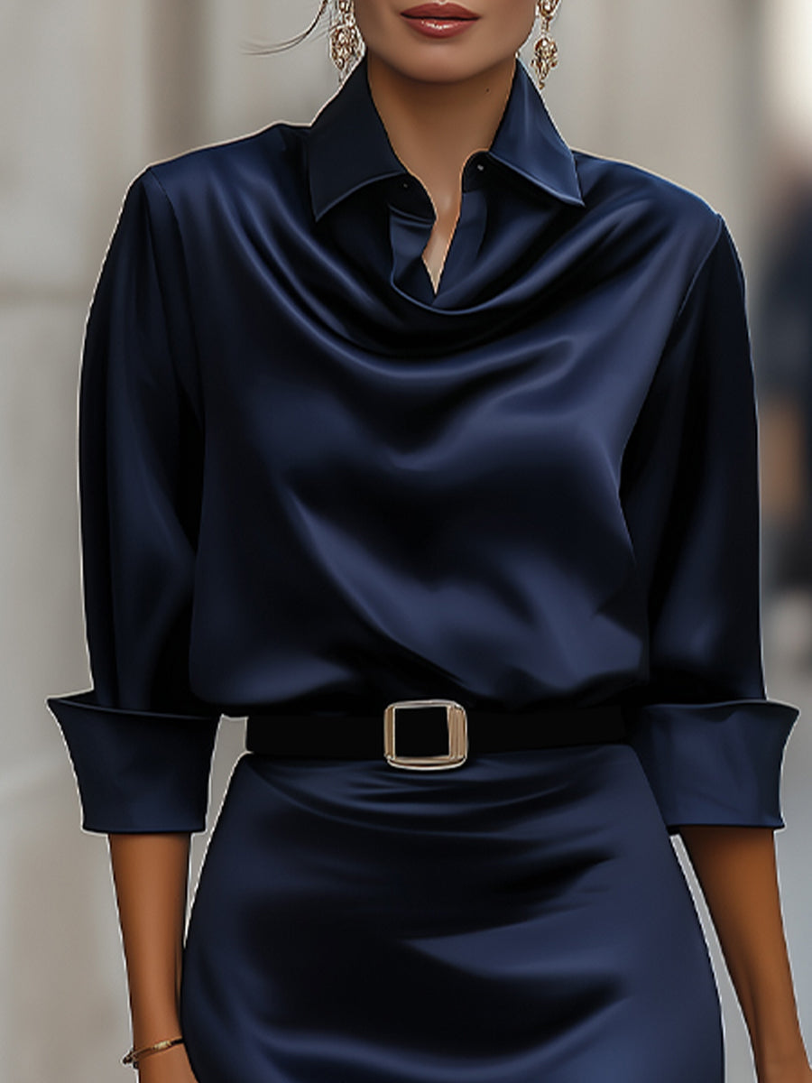 Olivia Bennet | Draped-Collar, Black-Belted Satin Midi Dress