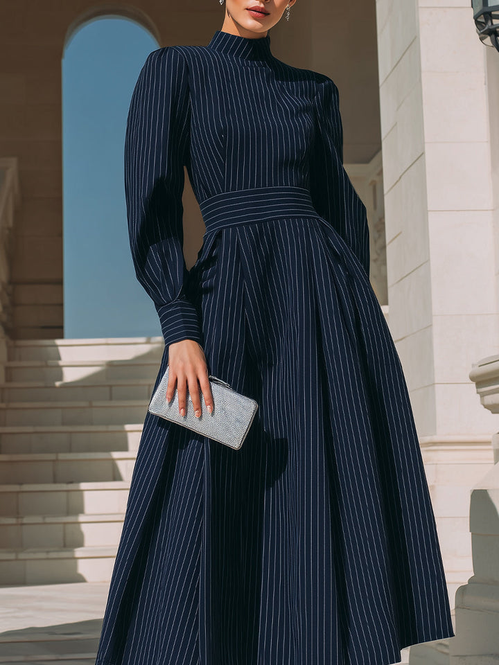 Olivia Bennet | Pinstripe Structured-Waist Suiting Midi Dress