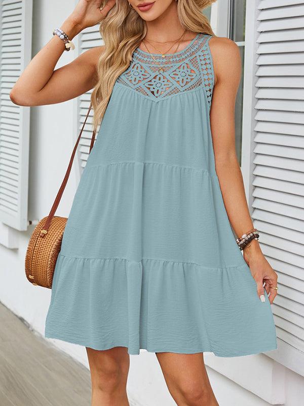 Olivia Bennet | A-Line Loose Hollow Pleated Solid Color Split-Joint Round-Neck Mini Dresses