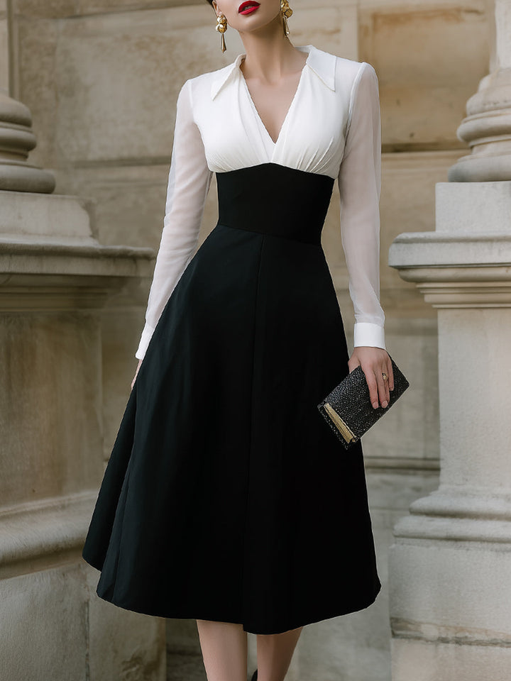 Olivia Bennet | Contrast Bodice, Sheer-Sleeve Mixed-Fabric A-Line Midi Dress
