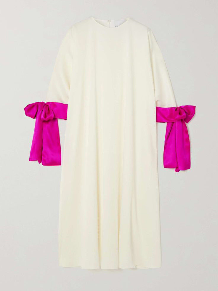 Olivia Bennet | Loose Seven-Quarter Sleeves Contrast Color Round-Neck Midi Dresses