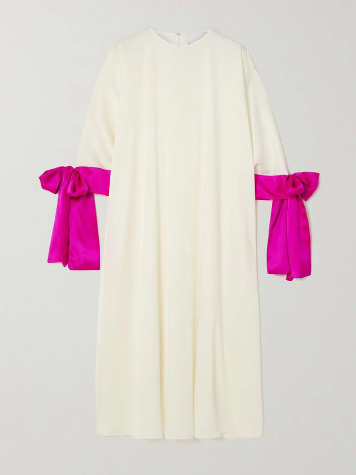 Olivia Bennet | Loose Seven-Quarter Sleeves Contrast Color Round-Neck Midi Dresses