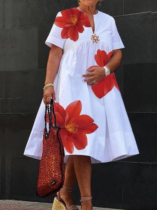 Olivia Bennet | A-Line Loose Flower Print Pleated V-Neck Midi Dresses