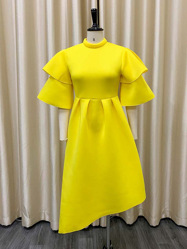Olivia Bennet | Original Loose Half Sleeves Falbala Solid Color Round-Neck Midi Dresses