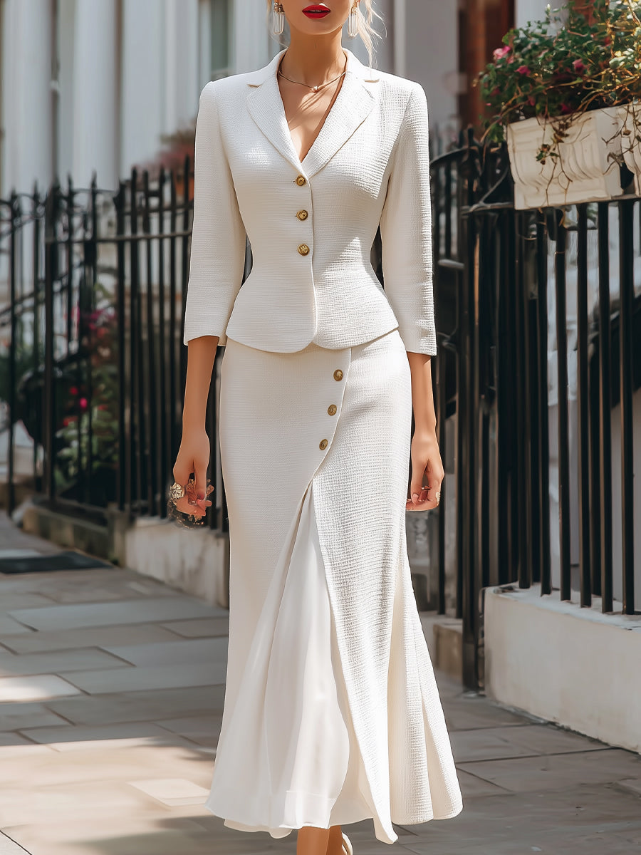 Olivia Bennet | Elegant Textured Buttoned Blazer & Midi Skirt Set