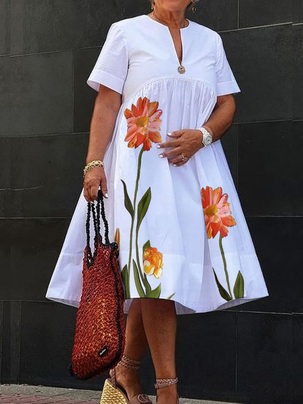 Olivia Bennet | A-Line High Waisted Flower Print Pleated V-Neck Midi Dresses