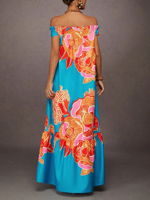 Olivia Bennet | A-Line Loose Elasticity Flower Print Pleated Split-Joint Off-The-Shoulder Maxi Dresses
