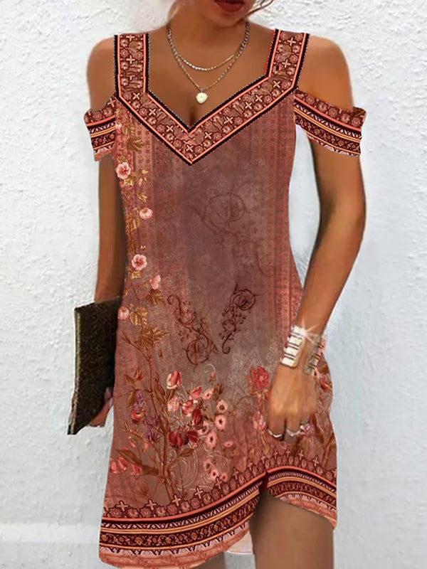 Olivia Bennet | A-Line High Waisted Flower Print Hollow Cold Shoulder Mini Dresses