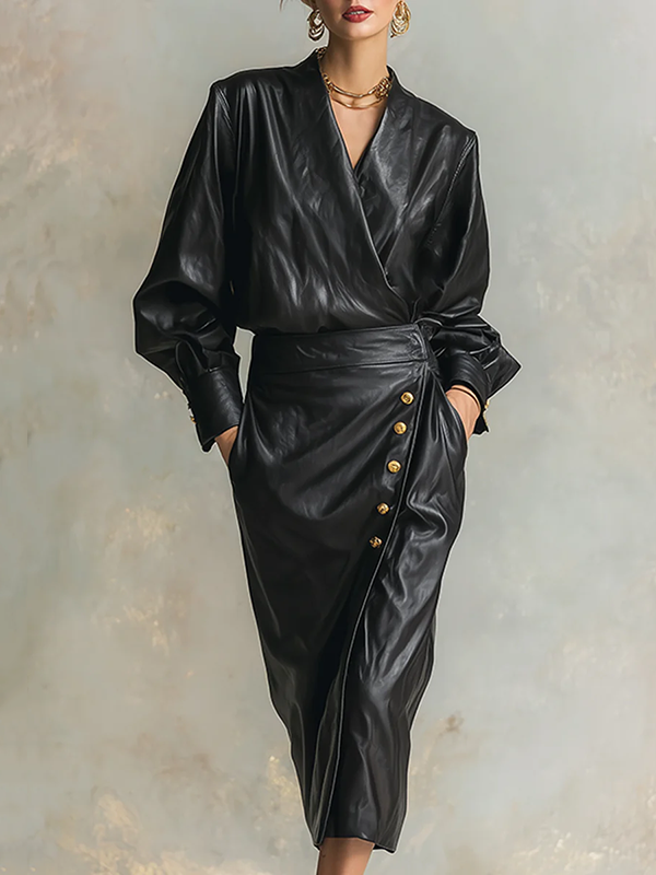 Olivia Bennet | Long Sleeves Puff Sleeves Buttoned Pleated Solid Color V-Neck Midi Dresses